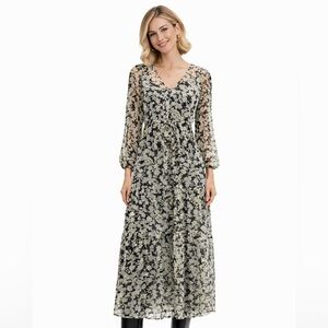 NWT Mango Black Grey Floral Dress Size 18 Boho Peasant Tie Waist Flowy Lined